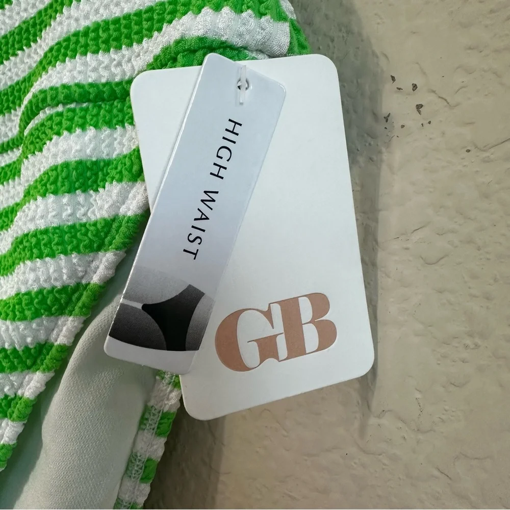 GB Bikini Bottom Green White Striped High Waisted Retro Scrunch Texture Swimsuit
